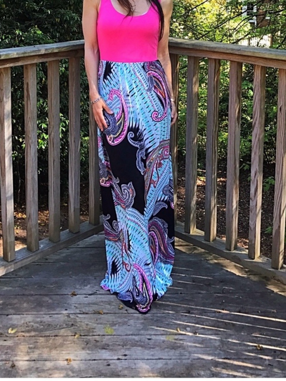 Maxi Skirt with Turquoise Paisley Print - Pink Accented